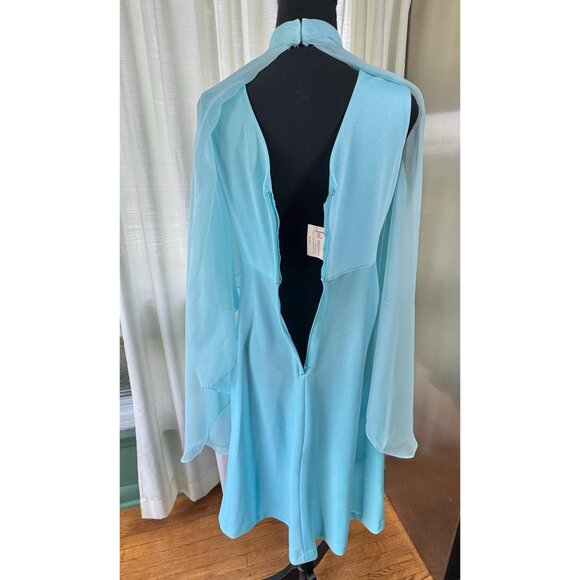 Vintage 70s dress, aqua blue, beaded applique, capelet and train, high mockneck - Picture 8 of 10